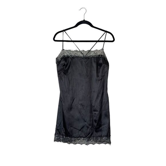 Meshki Satin Lace Trim Black Slip Mini Dress NEW Size Large - Picture 1 of 7